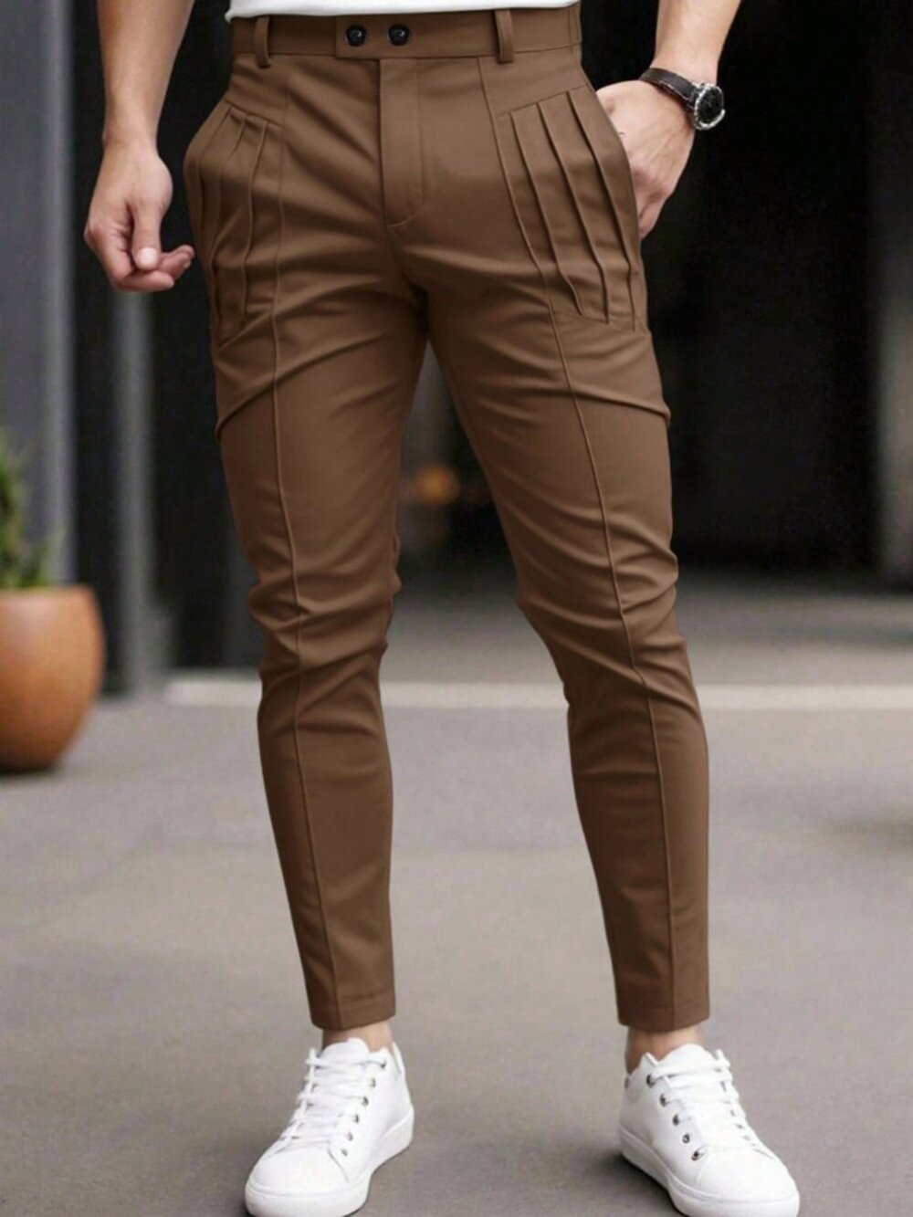 Coffee Brown Casual Men's Button Zipper Fly Regular Fit Trousers